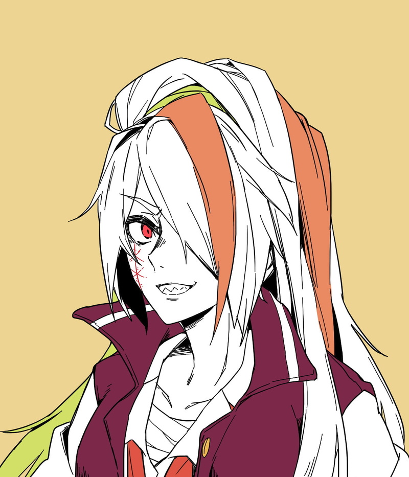anime girls, blond hair, 2D, fan art, school uniform, white skin, red eyes, long hair, 720P, Zombie 2 / Saki Nikaidou, scars, simple background, Zombieland Saga