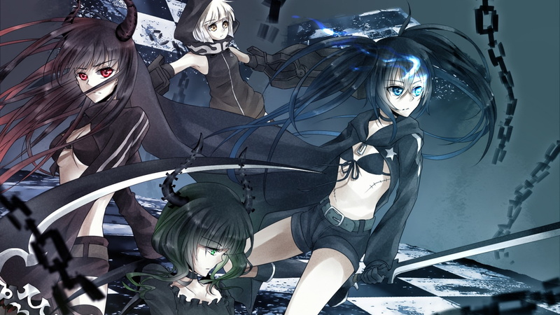 black, 1080P, short, Scythe, horns, h, shooter, red, scar, chains, eyes, long, rock, hair, white, Black Rock Shooter, art, people, hd, weapons, green