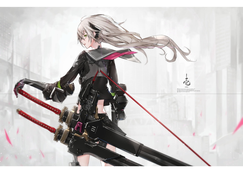com, konachan, gloves, hair, weapon, eyes, green, yucca-612, gray, long, 720P, mechagirl, sword, 257744, original