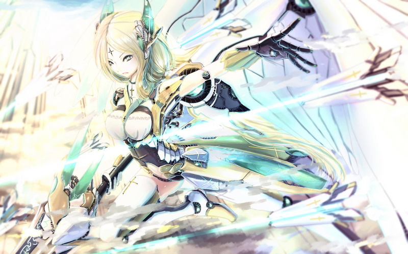 hair, sword, mechagirl, wings, eyes, blonde, kikivi, weapon, 720P, original, thighhighs, green