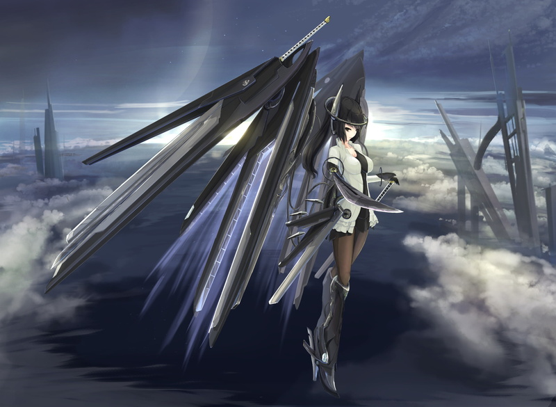 hair, 1080P, sky, clouds, original, weapon, boots, wings, black, sword, mechagirl, kikivi, eyes