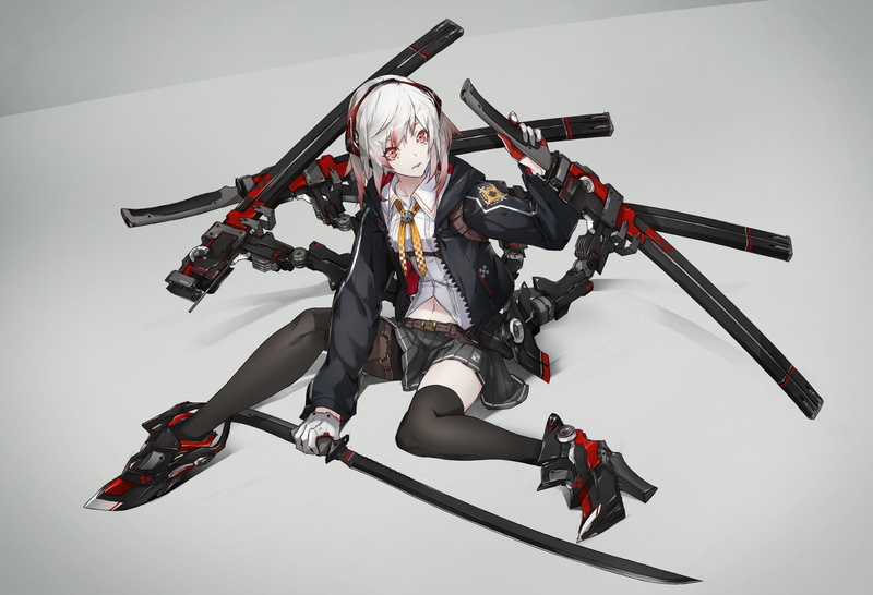 original, red, gloves, katana, white, 720P, sword, mechagirl, eyes, weapon, navel, thighhighs, skirt