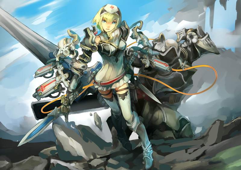 blue, sword, 4K, original, eyes, blonde, cocoaore, spear, mechagirl, thighhighs, armor, weapon, hair