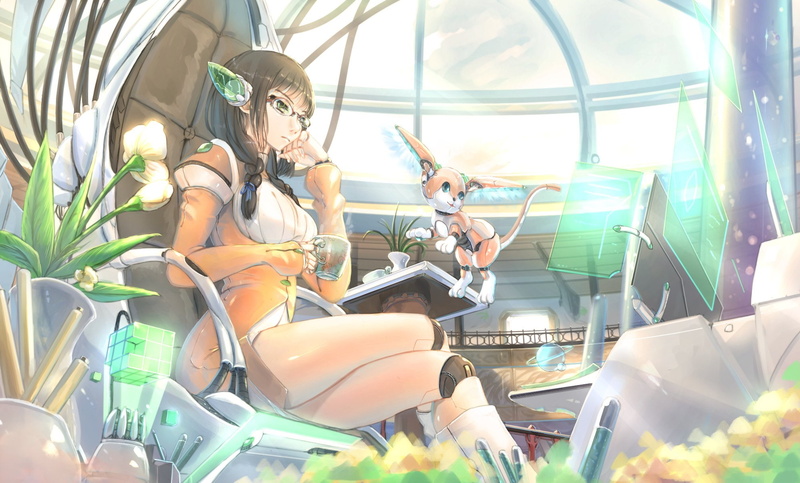 cat, blue, hair, eyes, green, mechagirl, original, kikivi, drink, robot, glasses, 1080P, flowers, animal, black