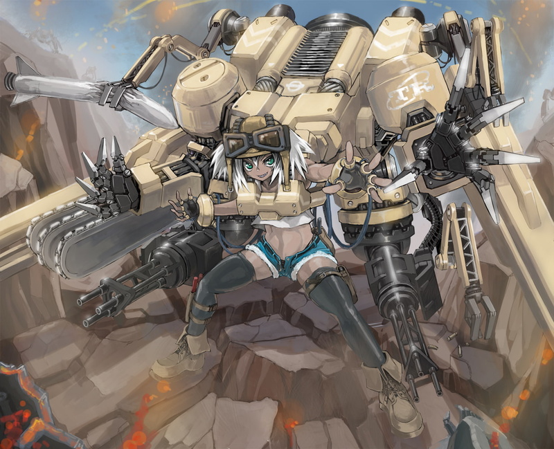 thighhighs, weapon, goggles, 720P, shorts, chainsaw, mechagirl, original, eyes, hair, green, short, gun, boots, gloves, white