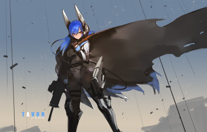 gun, request, mechagirl, torn, blue, long, translation, weapon, gloves, eyes, original, clothes, 720P, orange, cape, hair, kishiyo, headdress