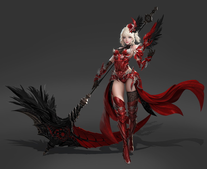 young adult, weapon, one person, heels, indoors, adult, human arm, Daeho Cha, 1080P, armor, thigh-highs, young women, women, red, costume, clothing, make-up