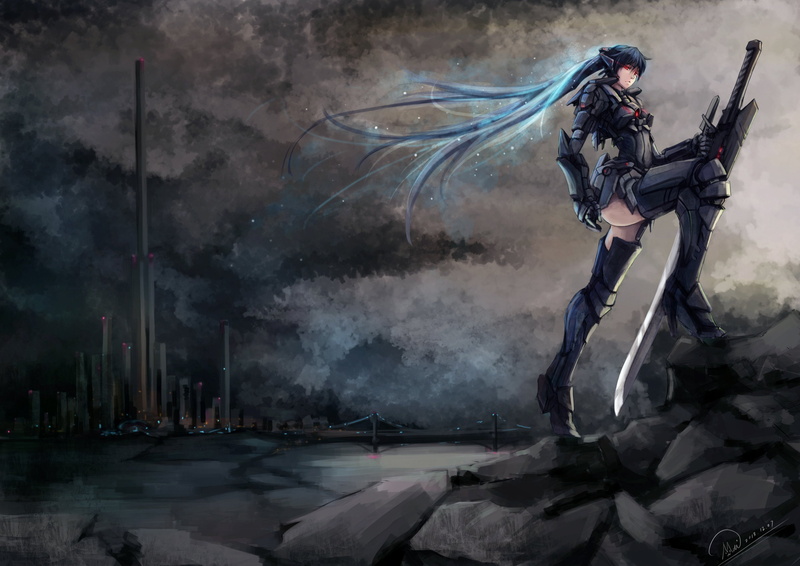 mai, 2K, original, sword, eyes, shou, red, weapon, hair, mechagirl, blue