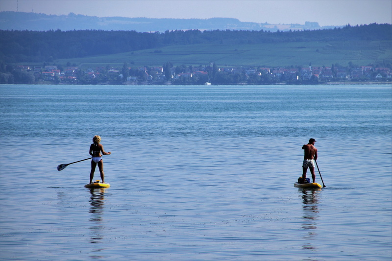 sup, day, reflection, clouds, two people, bodensee, floating, two, water, lifestyles, dom, active holidays, the horizon, people, oar, total, paddle, sunny