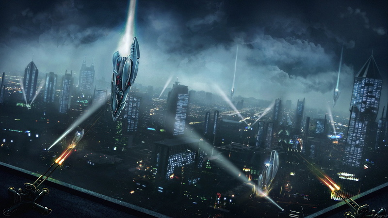 Space Invasion, sky, Night, building, illuminated, city life, City, Battle, skyscraper, office building exterior, urban skyline, built structure, no people