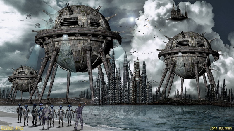 Alien, sky, day, nautical vessel, factory, building, building exterior, government, city, built structure, outdoors, group of people, smoke - physical structure