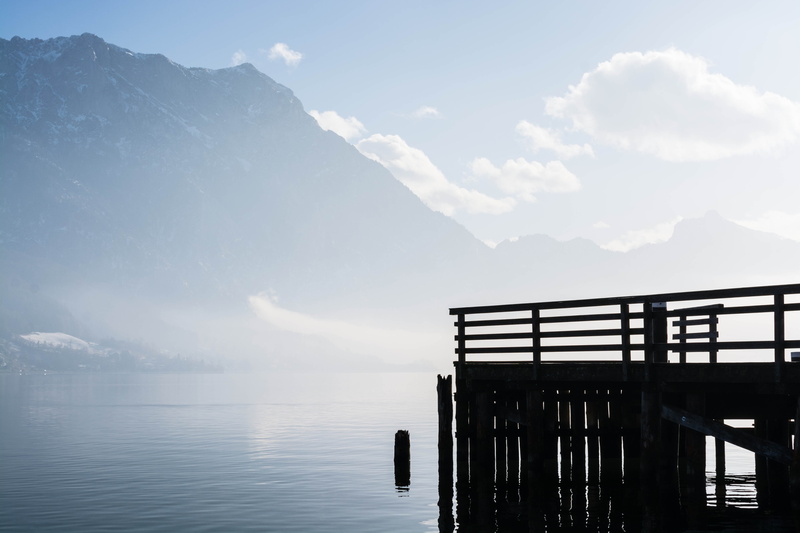 outdoors, mountain, day, built structure, fog, autumn, scenics - nature, non-urban scene, pier, blue, wood, waterfront, beauty in nature, dock, mountains