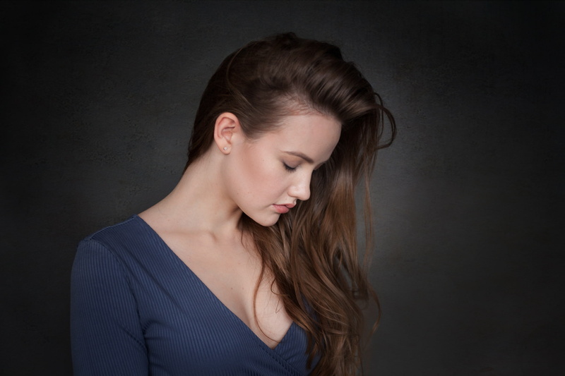 brunette, long hair, simple background, closed eyes, profile, women, 500px, Sergey Sotnikov, portrait, blue clothing, side view, 1080P, blue tops