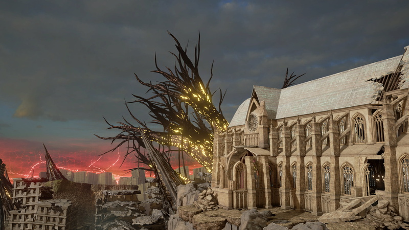 Code Vein, castle, vampire (anime), architecture, rocks, photography, sky, 4K, custom, yellow, ruins, Gothic, tree stump