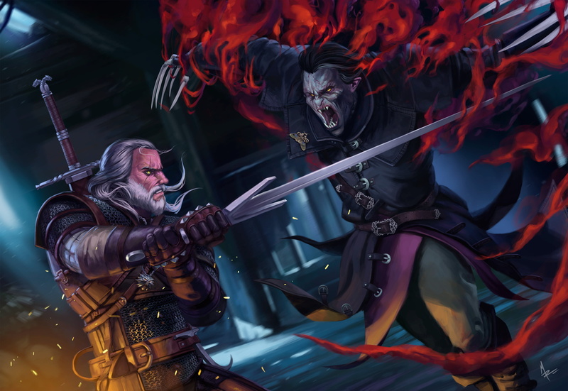 video games, yellow eyes, The Witcher 3: Wild Hunt - Blood and Wine, The Witcher 3: Wild Hunt, digital art, Dettlaff Van Der Eretein, sword, Martin Roca
