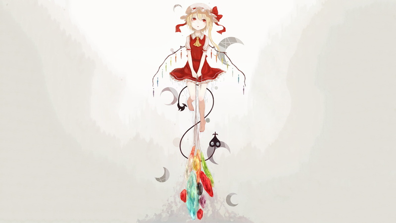 anime girls, Touhou, video games, simple background, vampires, 4K, Flandre Scarlet, dress, balloon