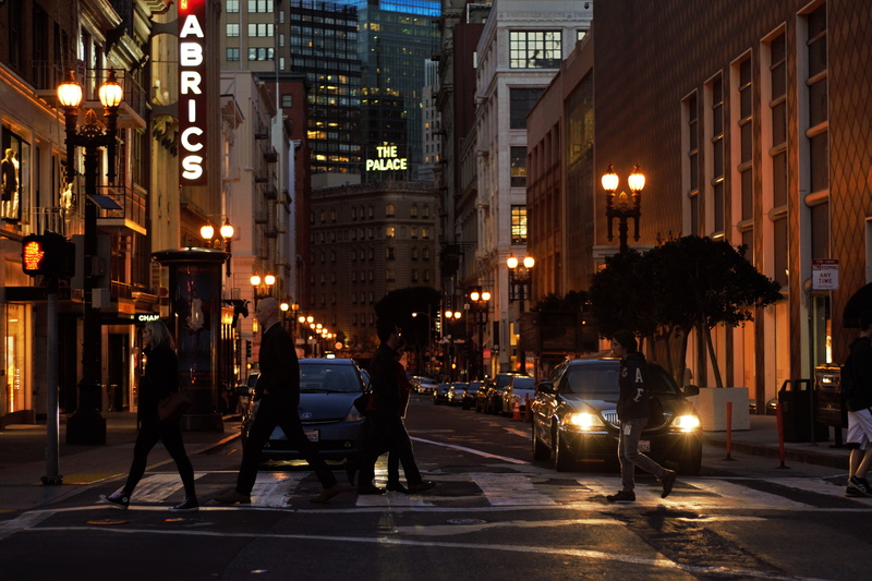 street, mode of transportation, building, san francisco, evening, crossing, architecture, motor vehicle, built structure, street light, nature, palace