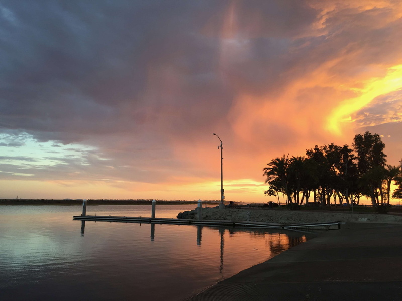water, cloudscape, cloudy sky, idyllic, sunrise, beauty in nature, outdoor, scenics - nature, sea, seascape, non-urban scene, tree, reflection, 2K, orange color