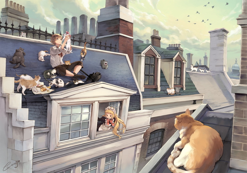 vertebrate, day, building exterior, 1080P, residential district, outdoors, sky, rooftops, window, domestic animals, anime, group of animals, mammal, city