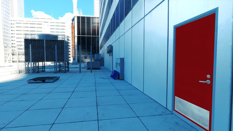 city, glass - material, architecture, Mirrors Edge, day, red, blue, door, nature, 4K, no people, sunlight, rooftop, closed, building exterior, footpath