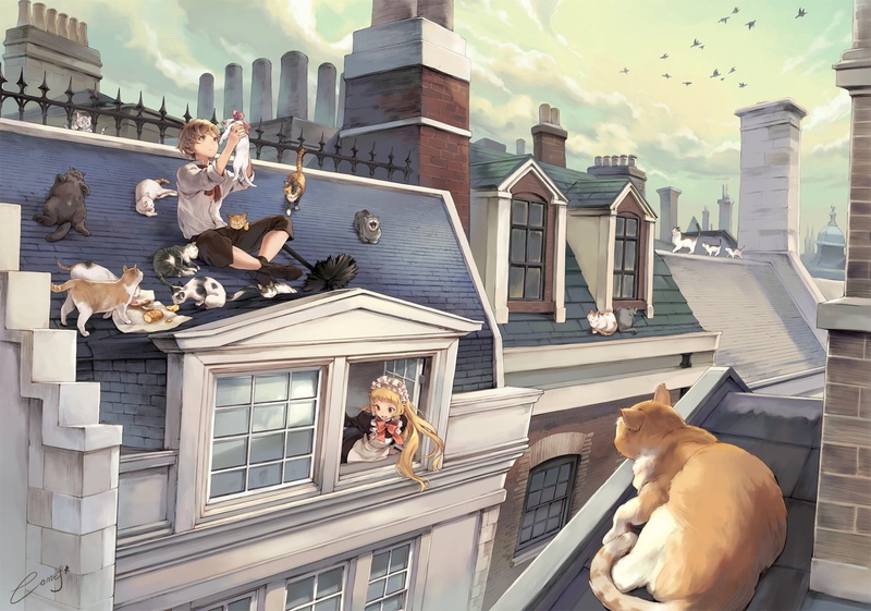 720P, anime, cat, rooftops, landscape