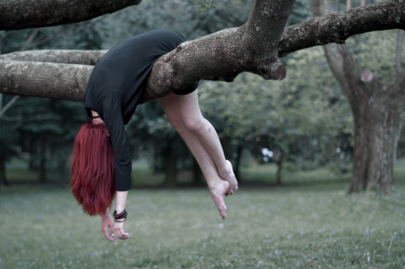 pose, outdoors, girl, grass, clothing, motion, hanging, casual clothing, legs, focus on foreground, exercising, sport, fun, young adult, 4K, tree, wood