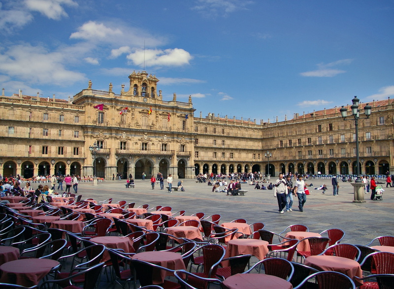 group of people, sky, walking, 2K, adult, spain, crowd, people, tables, city, chairs, architecture, architectural column, tourism, salamanca, cloud - sky
