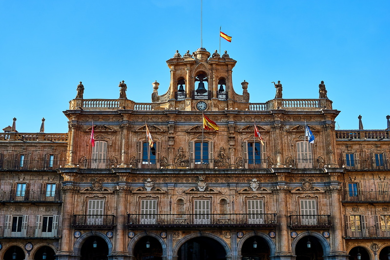 sky, the past, built structure, 5K, town hall, facade, building, plaza mayor, no people, space, government, travel destinations, clear sky, blue, salamanca