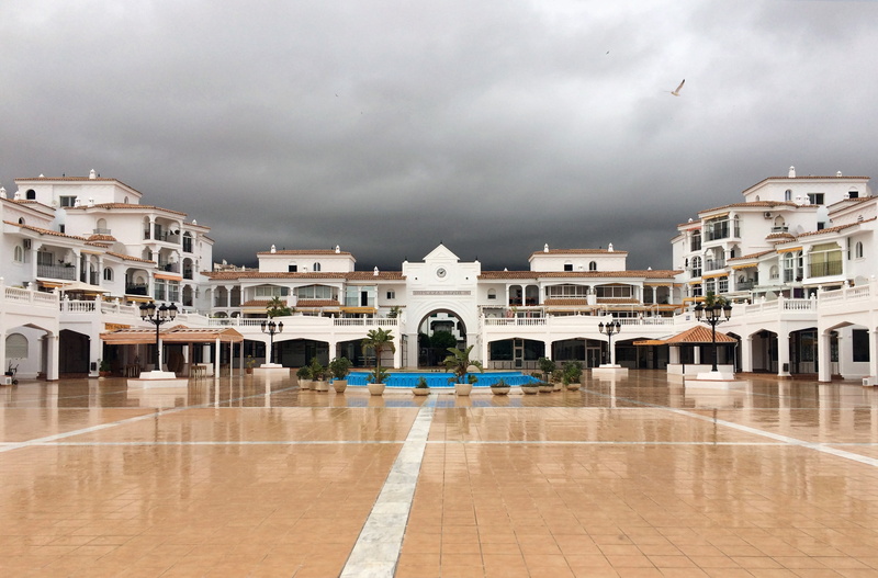 2K, spanish plaza, travel, thunder, overcast, city, benalmadena, outdoors, plaza mayor after the storm, sky, storm, cloud - sky, architecture, wet, building