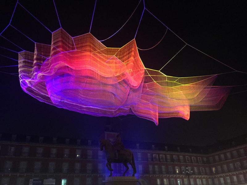 black background, light, one person, night, plaza mayor, adult, architecture, purple, place, nature, madrid, motion, multi colored, men, arts culture and entertainment