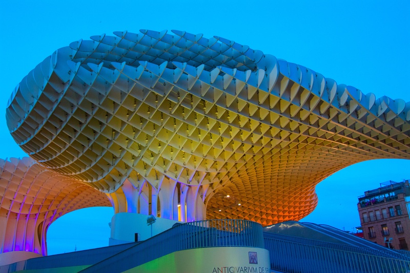 building, tourism, travel, modern, lighting, white, abendstimmung, sky, day, city, nature, metropol parasol, outdoors, arch, clear sky, places of interest