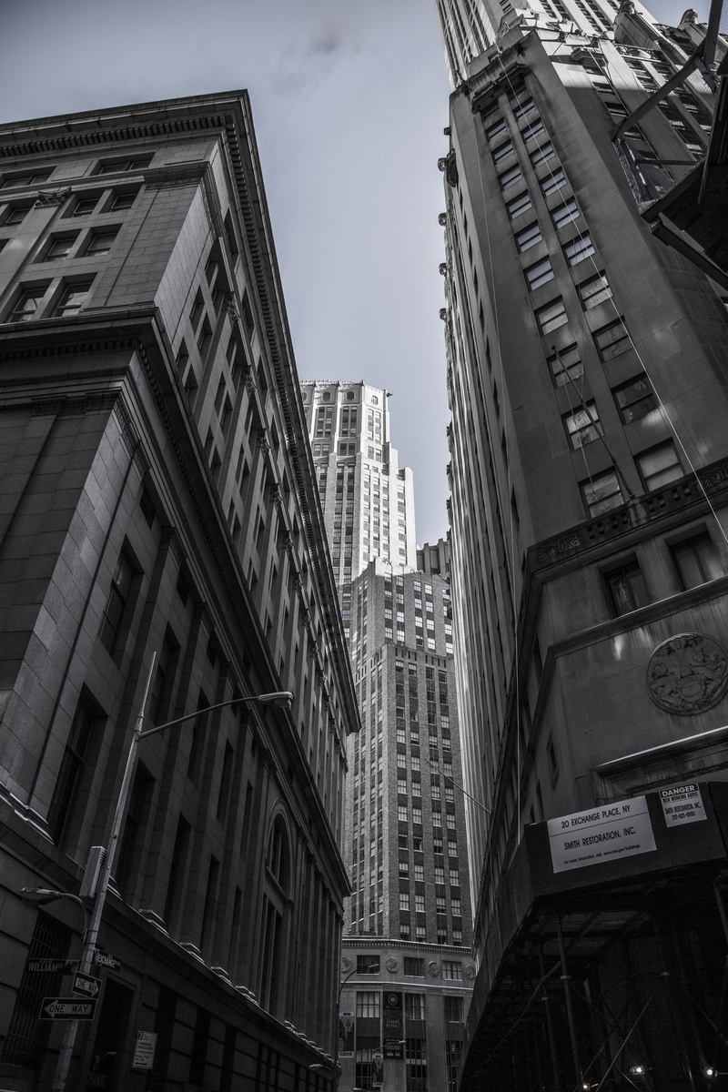 no people, angle, low, outdoors, city, high, tall - high, buildings, built structure, new york, manhattan, wall street, office, city life, sky, office building exterior