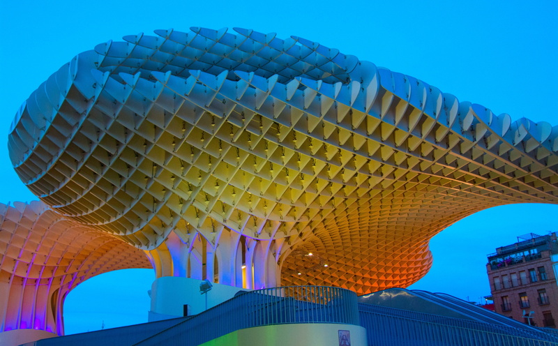seville, built structure, Building, yellow, parasol, office building exterior, blue, abendstimmung, clear sky, Travel, tourism, placesofinterest, Colorful