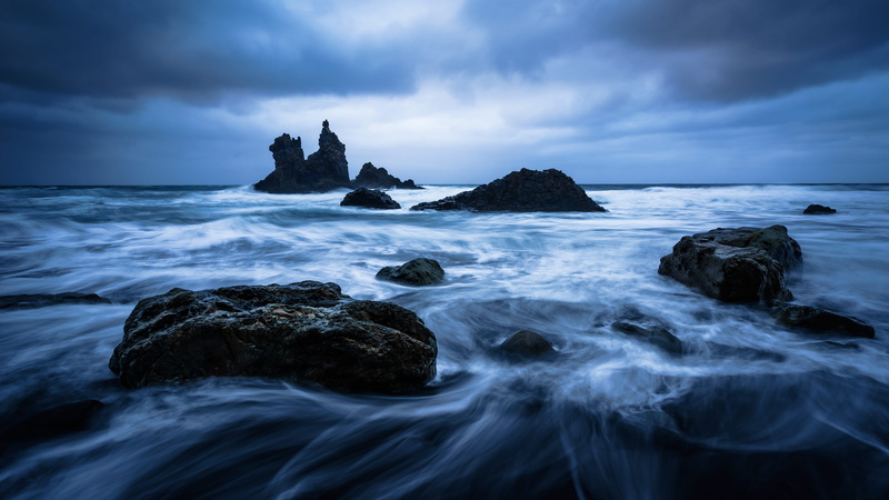 blue hue, water, black, lapse, time, solid, motion, ocean, land, wave, sea, rock, skies, tenerife, body, wafe, benijo, beauty in nature, cloud - sky, beautiful water
