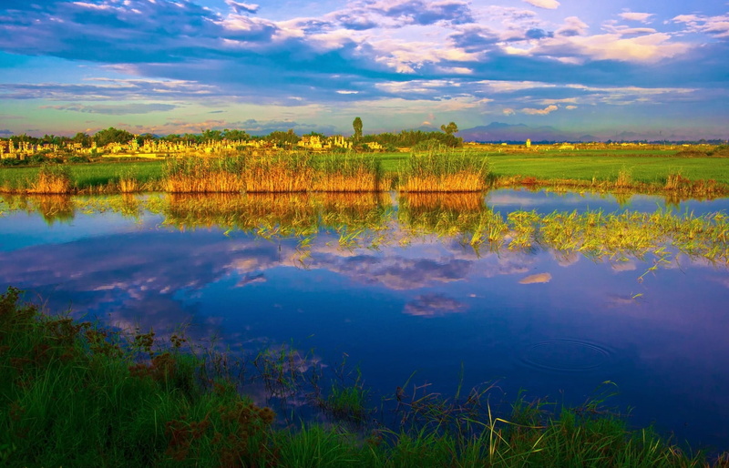 environment, scenics - nature, sky, hue, river, nature, pond, beauty In Nature, tranquil Scene, landscape, blue, Water, cloud - Sky, Sunrise, Hue, green