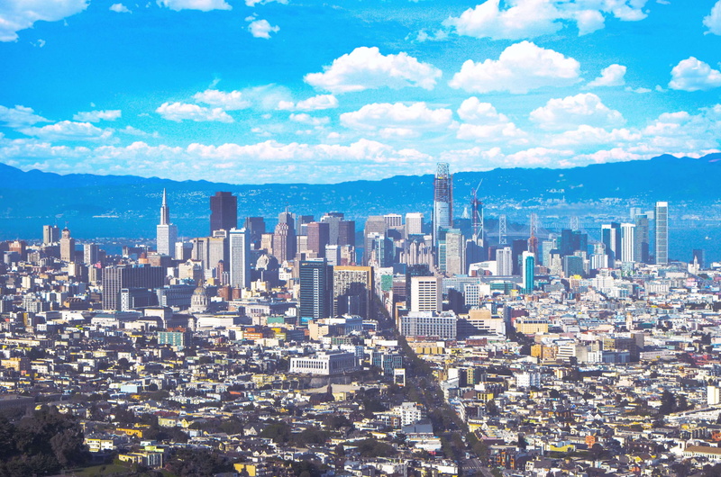 built structure, cityscape, high angle view, city life, the city, looking at view, residential district, building exterior, outdoors, hue, sf, 4K, blue