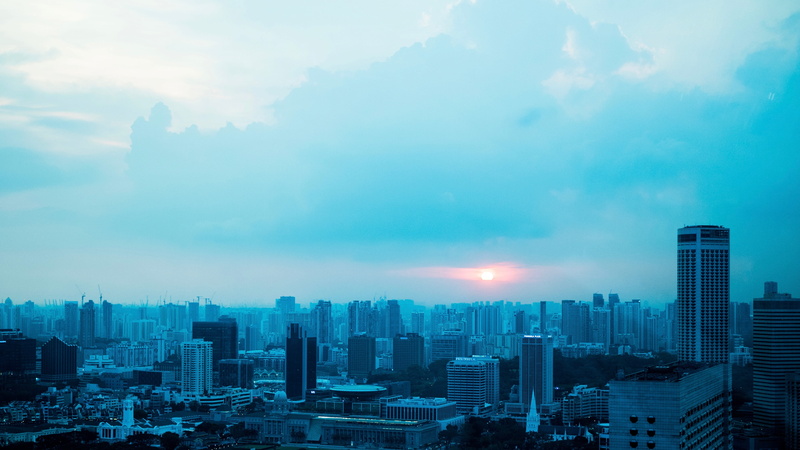 aerial, singapore, city, building, smoke, travel, landscape, hue, 4K, nature, tall - high, financial district, blue, office building exterior, building exterior