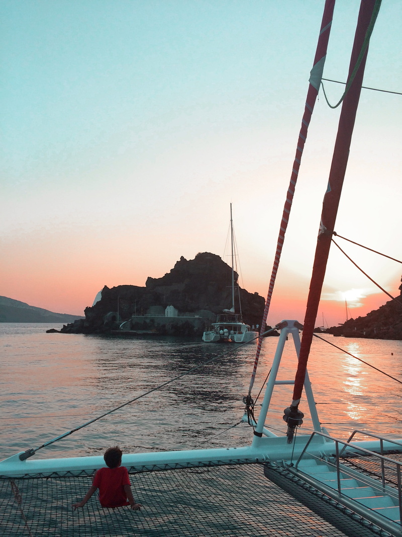 beauty in nature, blue, clear sky, real people, son, greece, pink, child, tranquility, architecture, nautical vessel, children, sea, water, brother, ocean