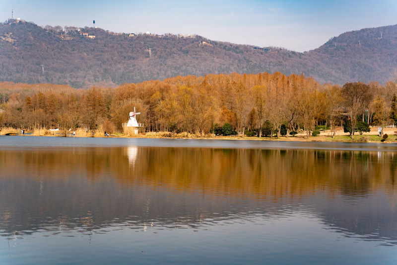 countryside, nanjing, scenics - nature, tranquility, landscape, tranquil scene, wind mill, reflection, autumn, purple mountain, plant, outdoors, 5K, china