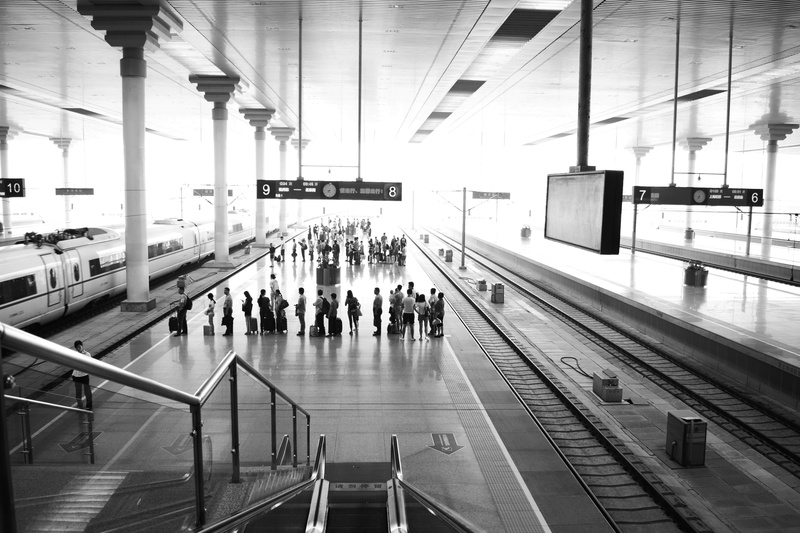 large group of people, crowd, china, railroad station platform, modern, passenger, moving walkway, real people, rail transportation, waiting, ceiling, mode of transportation