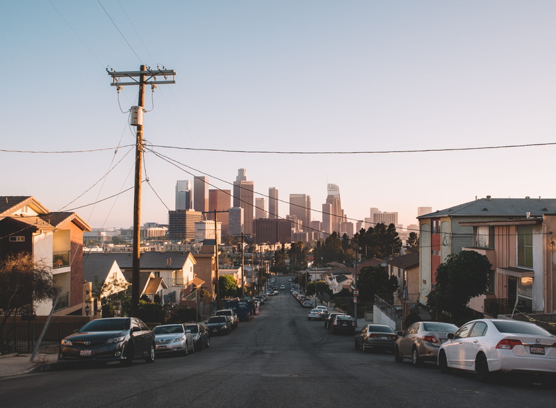 downtown, united states, cars, car, transportation, building exterior, land vehicle, electricity, architecture, sunset, la, mode of transportation, cityscape