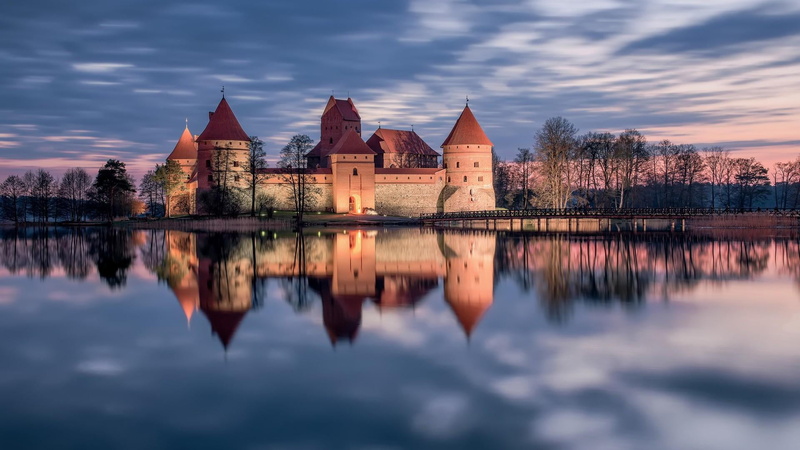 sky, sunset, 1080P, nature, symmetry, water, building, cloud - sky, lake, waterfront, built structure, travel destinations, architecture, reflection, castle