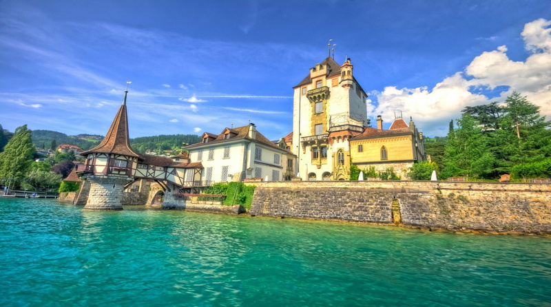 blue, sky, white, building exterior, 1080P, Switzerland, waterfront, lake, travel destinations, nature, architecture, tower, clouds, belief, landscape