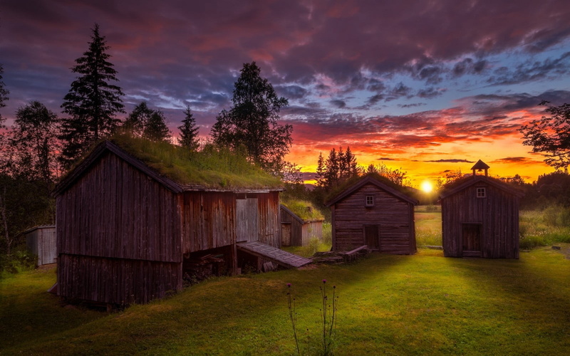 architecture, field, body, near, trees, house, tree, built structure, plant, clouds, religion, landscape, cabin, nature, sky, sunset, cloud - sky, building exterior