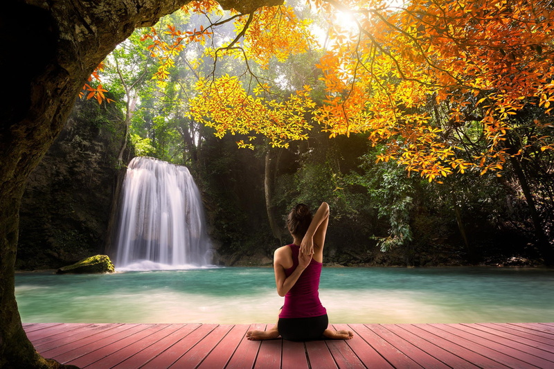yellow, asana, white, trees, 1080P, orange, female, hatha, lagoon, model, autumn, yoga, pink, waterfall, beautiful, green