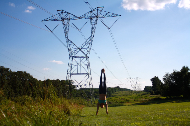 muscle, electricity pylon, strength, Handstand, nature, training, female, 4K, day, one person, stretch, environment, fuel and power generation, fitness