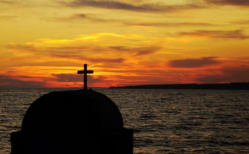 outdoors, dawn, ocean, water, cross, catholic, sea, seashore, architecture, chapel, religious, sunset, tranquil scene, orange color, beauty in nature, sun