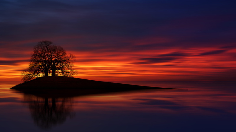 dramatic sky, dark, romantic sky, scenic, scenics - nature, idyllic, sunset, tree, reflection, 5K, mountain, backlit, water, dawn, outdoors, landscape