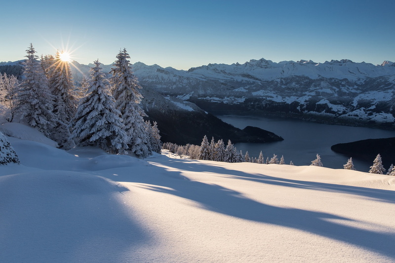 snow, trees, mountains, Mount Rigi, the snow, 1080P, shadows, lake, Switzerland, Central Switzerland, Alps, ate, Lake Lucerne, winter, sunset