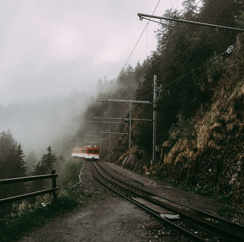 rail transportation, rigi, connection, mode of transportation, railroad track, built structure, train, track, outdoors, alp, cable, public transportation